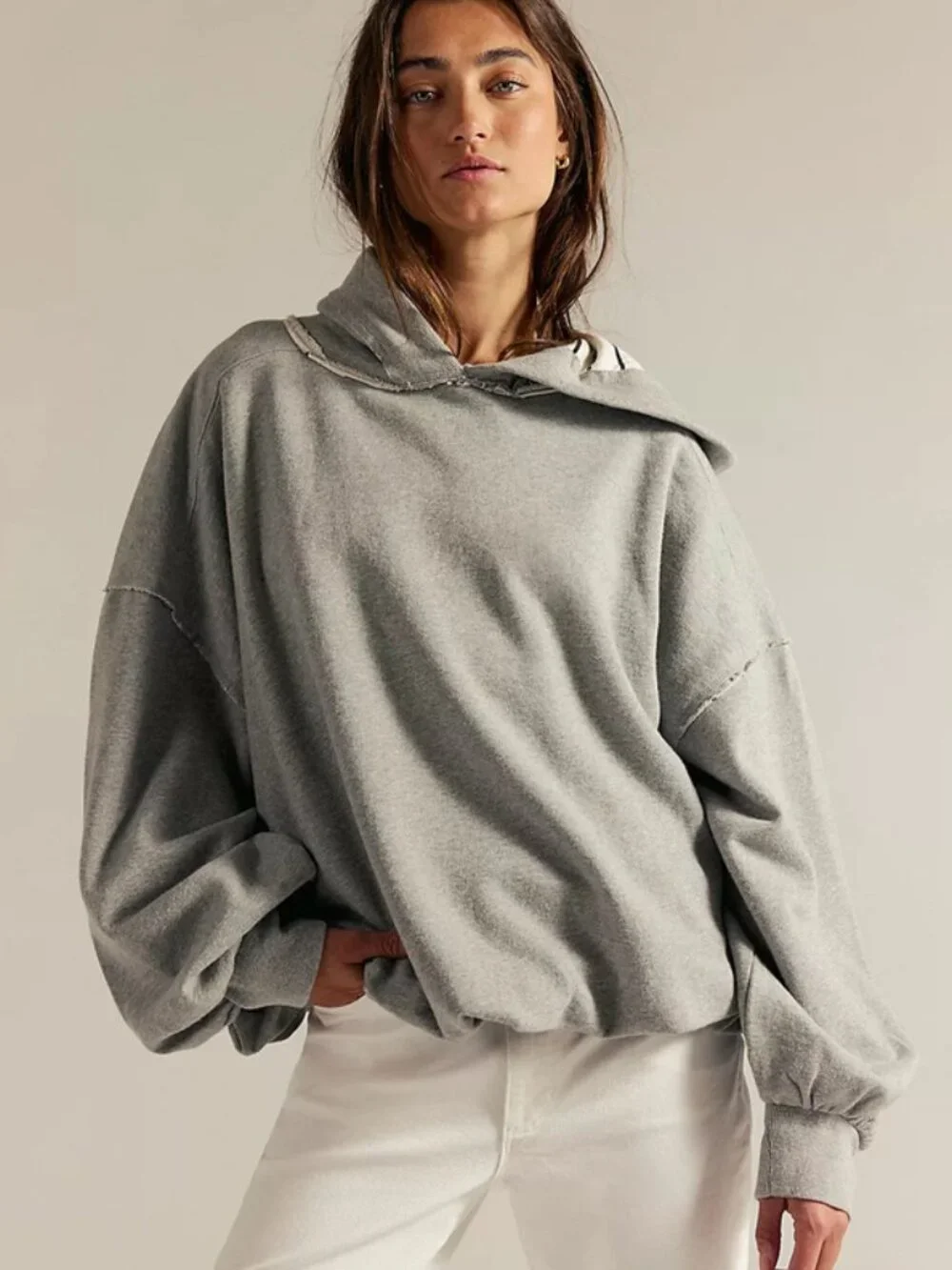 Free People Bubble Up Hoodie Dropped Shoulder Long Sleeve Grey Pullover Top XL